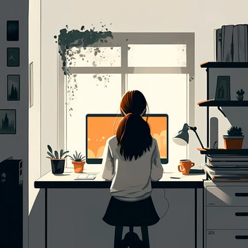 Home office. Girl working with her computer seen from behind. Generative AI