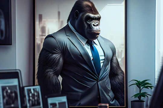 Smart Gorilla at the Office.  Worker Gorilla in Suit. Generative AI
