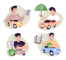 Car insurance coverage concept. Automobile protection, security, safety set. People protecting car with insurance and signing form with red auto.