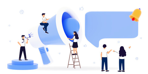 Professional speaker with megaphone Tiny people creative trainees or company members listening to the performance to skilled coach or senior colleague 3D rendering illustration design style