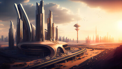 Obraz na płótnie Canvas A view of a futuristic city, with high-tech buildings, roads, and a modern skyline in the background. Generative AI.