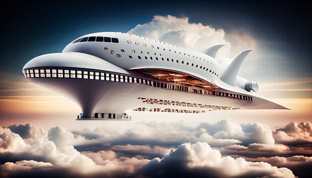A model of a flying luxury cruise ship in the air.  Generative AI.