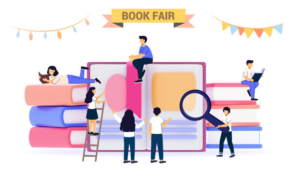 3d Book fair Book festival Students woman and man reading, learning and sitting on books Bookcase Bookshelf Literature event concept Library Shop Advertising World Book Day 3D rendering illustration