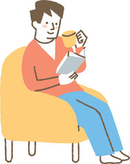 ソファーに座って読書する男性_色