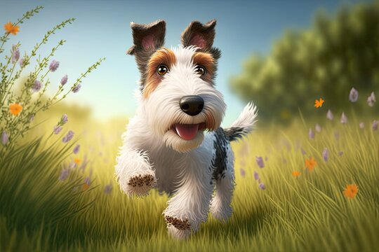 Cute Cartoon Wire Haired Fox Terrier Running through a Meadow (Created with Generative AI)