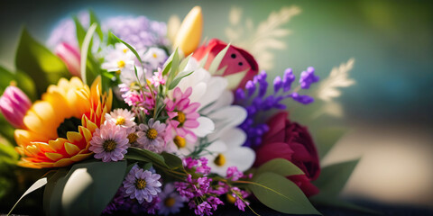 Colorful vibrant bouquet of various flowers. Generative AI
