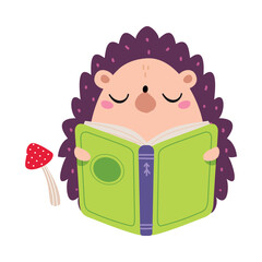 Cute baby hedgehog reading book. Smart wild animal character sitting with book cartoon vector illustration © topvectors