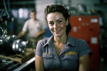 Portrait of a woman at her job, a worker in a mechanical workshop. Ai generated