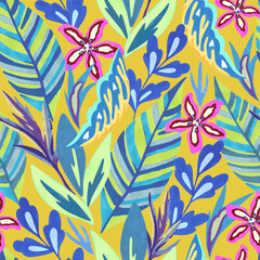Fototapeta na wymiar Colorful vivid psychedelic pattern with abstract tropical flowers for fabric, wrapping paper. Vector illustration