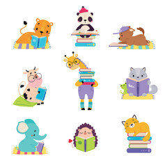 Cute baby animals reading books set. Smart hedgehog, cow, giraffe, raccoon, chipmunk sitting with books cartoon vector illustration