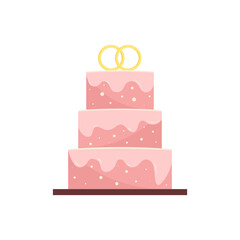 Wedding cake with engagement rings. Colorful flat vector illustration.