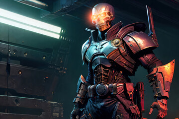 Naklejka premium Cyborg Skeleton with Red Glowing Eyes Lens in Futuristic Heavy Armor Sci-Fi Background Generative AI Illustration