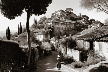 Old photo of an imaginary village resembling Saint-Paul de Vence - generative ai