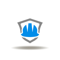 Vector illustration of shield and safety helmet. Icon of safety first health. Symbol of protection.