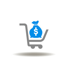 Vector illustration of shopping cart or trolley with money bag. Icon of invest. Symbol of stock market investment.