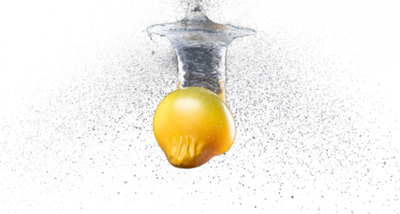 Water balloon explosion splashing in form shape, is power refreshing freshness concept. Waters Balloon explode and droplet spill all around with freeze high speed shot in black background studio