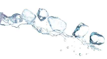 Ice Cubes explosion flying, crystal clear ice wave floating, fall down in air. Ice Brick block cube...