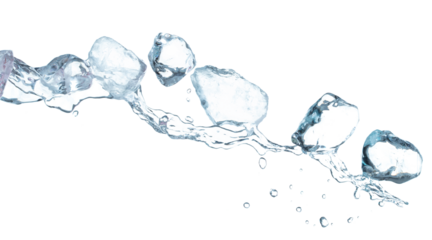 Ice Cubes explosion flying, crystal clear ice wave floating, fall down in air. Ice Brick block cube is frozen water healthy thirsty. White background Isolated high speed shutter, freeze stop motion