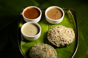 Fresh, savory rice cakes are a popular dish (known as  known as 'rava idli') from southern India and especially the Indian state Karnataka, served alongside sauces.