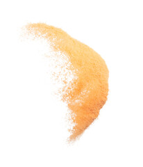 Small size orange Sand flying explosion, fruit sands grain wave explode. Abstract cloud fly. Orange colored sand splash throwing in Air. White background Isolated high speed shutter, throwing freeze