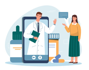 Online doctor concept. Woman communicates with man on smartphone screen. Patient remotely receiving specialist, visit doctor. Health care and diagnosis, treatment. Cartoon flat vector illustration