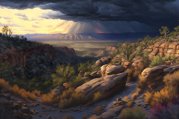 Obraz na płótnie Canvas Red rock canyon desert in Nevada panoramic landscape at evening. Neural network AI generated art