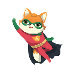Superhero fox concept. Forest dweller flies and pulls paw up, superpowers and strength. Fictional character, fairy tales, imagination and fantasy. Toy or mascot. Cartoon flat vector illustration
