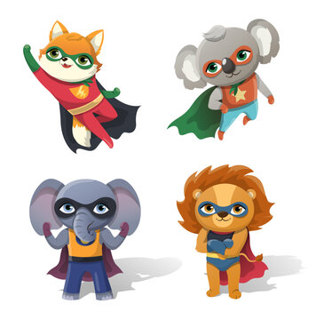 Superheroes animals set. Collection of characters with superpowers in masks and raincoats. Fairy tale, imagination and fantasy. Cartoon flat vector illustrations isolated on white background