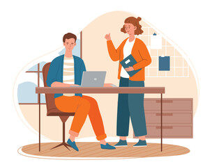 Teamwork at office. Man with laptop and woman with folder in office. Colleagues and partners working on common project. People discussing Idea, brainstorming. Cartoon flat vector illustration