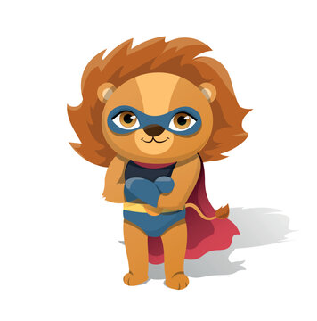 Superhero lion concept. Dangerous predator in suit and gloves. Tropical and exotic animal, mascot and toy for children. Fictional character, imagination and fantasy. Cartoon flat vector illustration