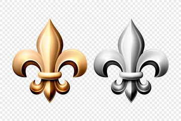 Vector 3d Realistic Golden and Silver Fleur De Lis Set. Heraldic Lily Collection, Front View. Vector Illustration © gomolach