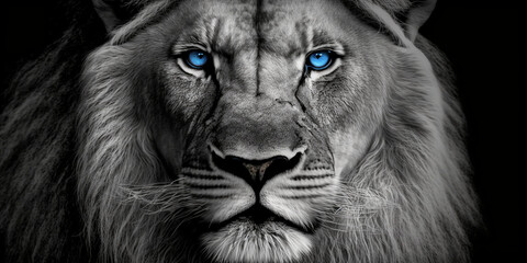lion with blue eyes in black and white image - obrazy, fototapety, plakaty