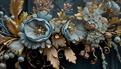 rococo blooms flowers dreamy intricate details pastel scheme blue gold tone fantasy fairytale aesthetic rococo, generative ai