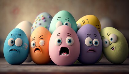 pastel colored easter eggs with a drawn face, toothless, closed mouth, big eyes, generative ai