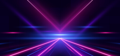 Abstract technology futuristic glowing neon blue and pink light lines with speed motion movingon dark blue background.