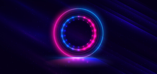Abstract technology futuristic circles neon pink and blue light lines on dark blue background with dust galaxy and copy space for text.