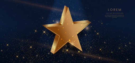 3D golden star with golden on dark blue background with lighting effect and sparkle. Template luxury premium award design.
