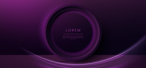 3D dark purple circles layer background with light purple curved and copy space for text. Luxury style template design.