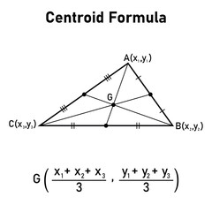 Centroid formula of a triangle. The intersection of the three medians. Vector illustration isolated on white background. - obrazy, fototapety, plakaty