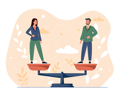 Gender equality concept. Man and woman stand on scales. Equality, respect and tolerance. Equal career opportunities for both genders, justice. Without discrimination. Cartoon flat vector illustration