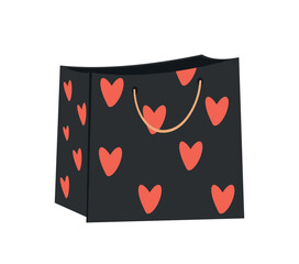 Gift bag concept. Present or surprise in dark package with red heart. Valentnes Day or Birthday party. Discounts and sales, special limited offer. Cartoon flat vector illustration
