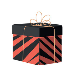 Gift box concept. Present or surprise in dark wrapping paper with red lines. Holiday and festival, New Year and Christmas, Birthday. Traditions and culture. Cartoon flat vector illustration