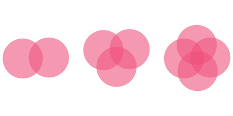 Venn diagram for two, three and four partially intersecting sets. Intersection of two, three and four sets circles. Venn diagram of 2, 3 and 4 sets.