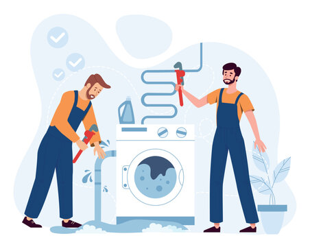 Plumber repairing pipe burst. Men with wrenches in bathroom fix leaks in pipes, repair. Domestic problem, help and accident. Flood and destruction in bathroom. Cartoon flat vector illustration