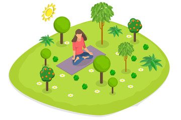 3D Isometric Flat  Conceptual Illustration of Forest Bathing