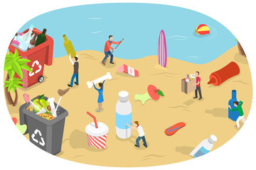 3D Isometric Flat  Conceptual Illustration of Beach Cleaning