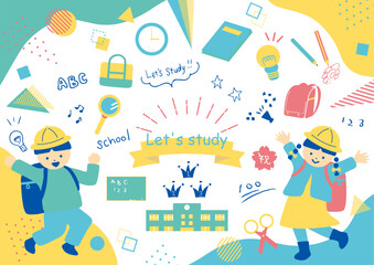 ランドセル姿の子どもと学校生活アイコンセット