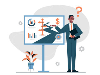 Business solution concept. Man makes presentation, shows graphs and diagrams, infographics and work with statistics. business interview or meeting, public speaking. Cartoon flat vector illustration