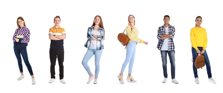 Collage with photos of teenagers on white background