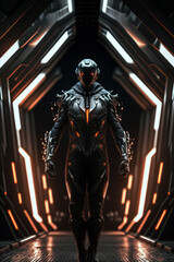 Fototapeta na wymiar Man in a futuristic combat suit on a tunnel with neon lights. Generative ai illustrationMan in a futuristic combat suit on a tunnel with neon lights. Generative ai illustration
